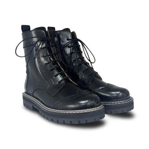 Angulus Black Chunky lace-up boot with brogue pattern